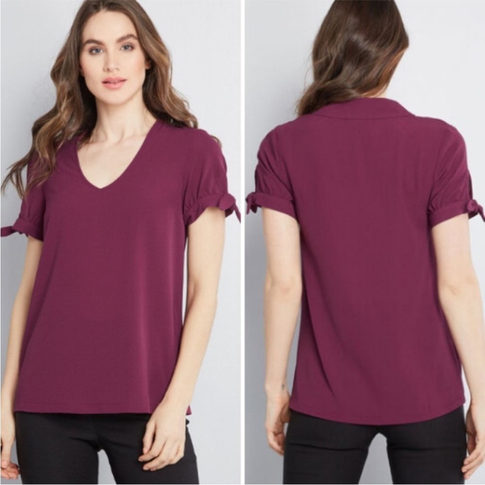 MODCLOTH Puff Sleeve Purple Vneck Short Sleeve Blouse Top